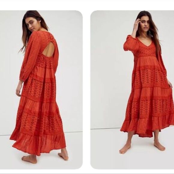 Free People Mockingbird Burnt Red Midi Dress tiered style size small NwOT - Picture 1 of 15